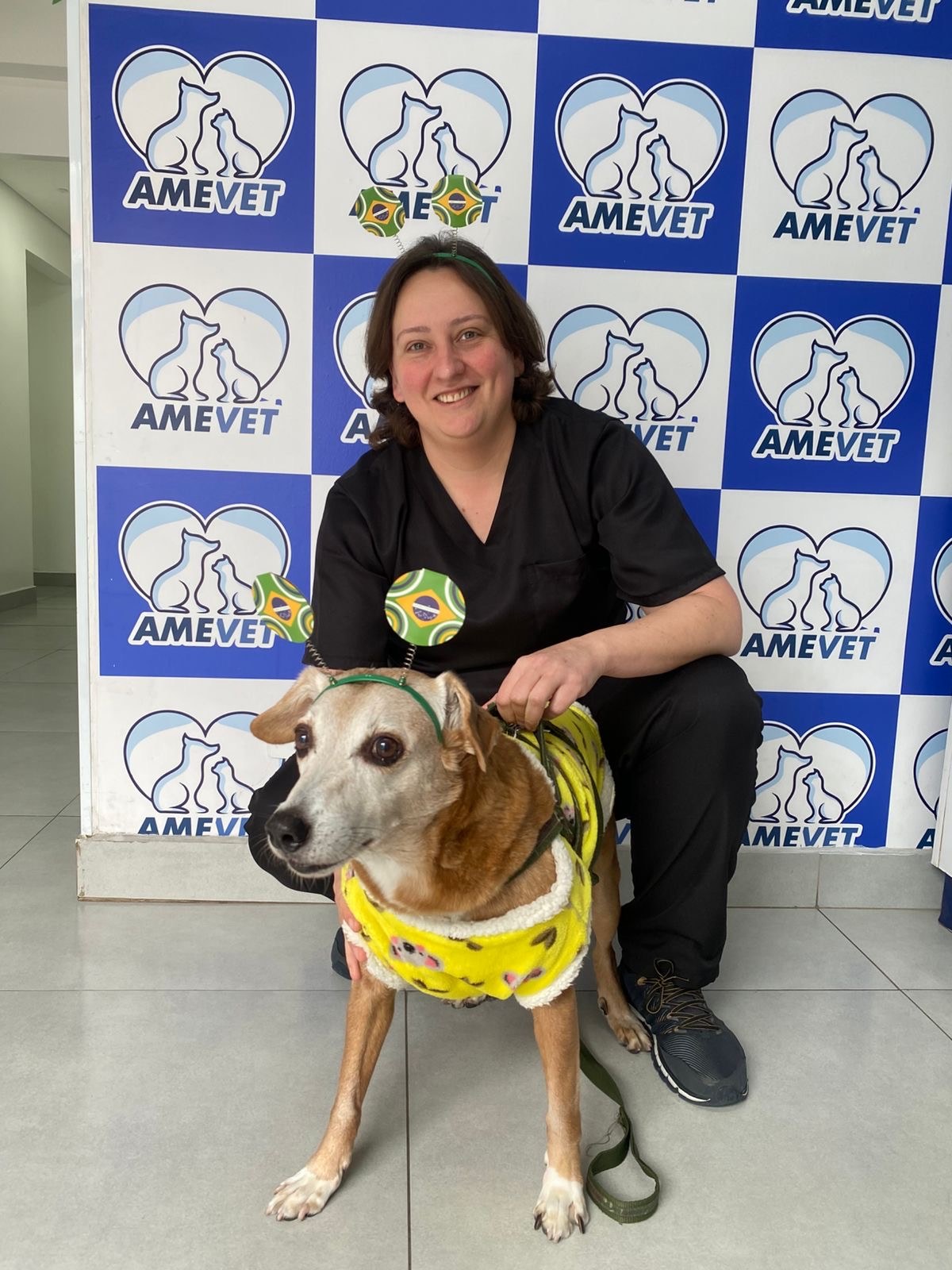 Profissional da AMEVET ao lado de um cachorro usando fantasia temática do Brasil